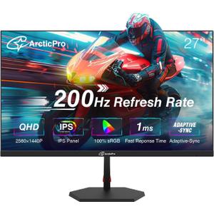 ArcticPro 27inch Gaming Monitor QHD 2560*1440p, 200Hz, 2K, IPS Panel, 1ms Response Time, Adaptive sync, PC Computer Monitor, 3-Sided Frameless, Ultra Slim, 130% sRGB, Bluelight Filter, HDMI *2, DP*2