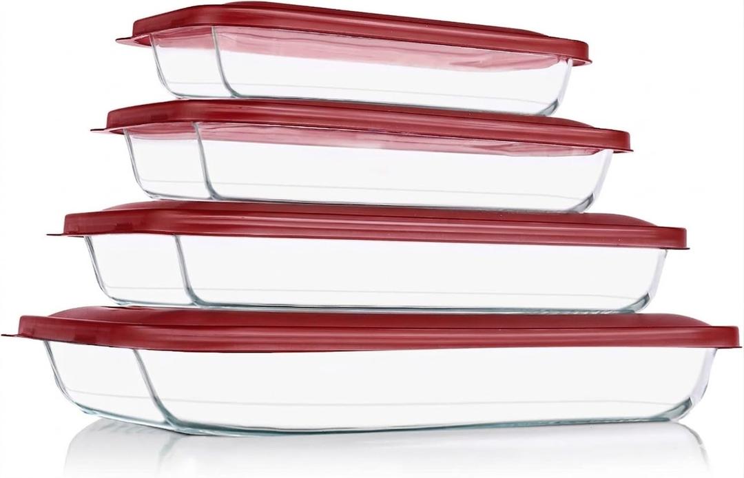 KOMUEE 8 Pieces Glass Baking Dish with Lids Rectangular Glass Baking Pan Bakeware Set with BPA Free Lids, Baking Pans for Lasagna, Leftovers, Cooking, Kitchen, FridgetoOven, Red
