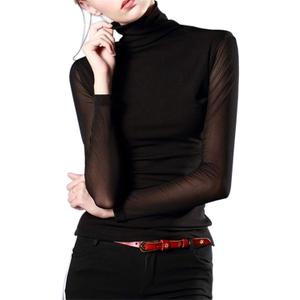 Women's Turtleneck Top Long Sleeve Slim Fit Shirts Mesh Sheer See Through Casual Top (Black, X-Large)