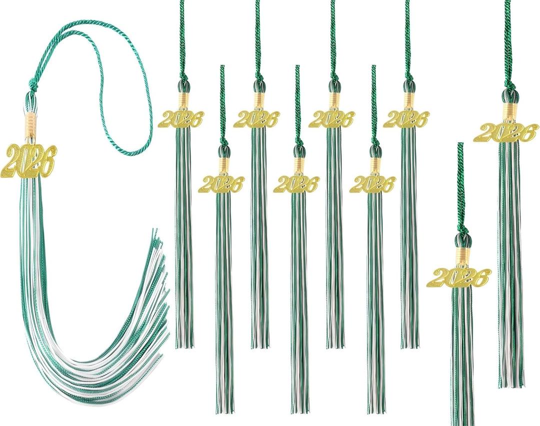 Green and White Graduation Tassels 2026 Bulk for Grad Cap and Graduation Ceremony Accessory Decoration,10 Pieces