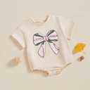 Nibbcoa Newborn Baseball Outfit Baby Girl Baseball Bow Embroidery Bubble Romper Short Sleeve One Piece Sweater Bodysuit (Beige, 0-3 Months) (Beige)