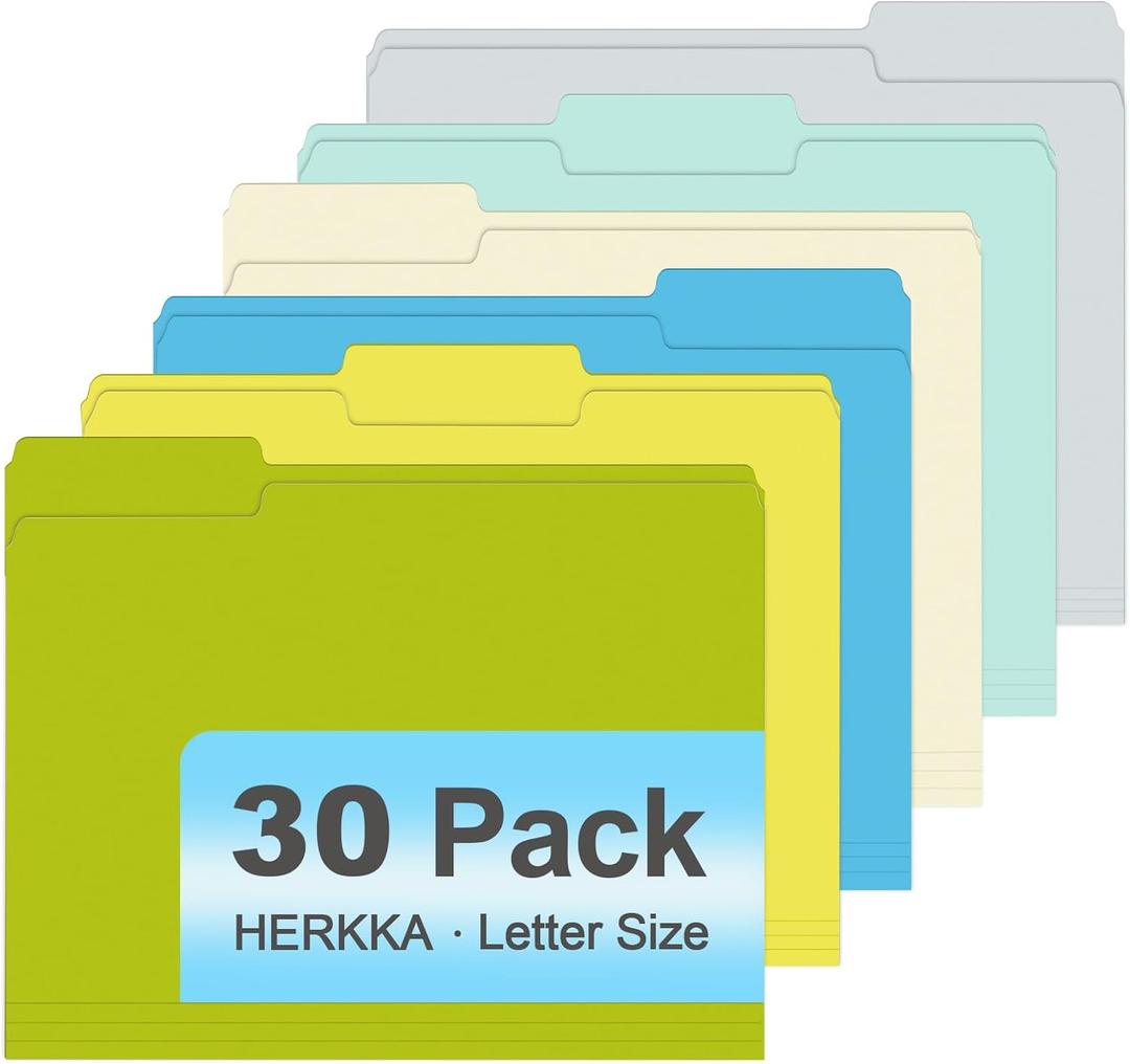 File Folder, HERKKA 30 Pack 1/3 Cut Tab File Folders, Letter Size, Assorted 6 Colors, Colored File Folders Designed for Office and Classroom Use