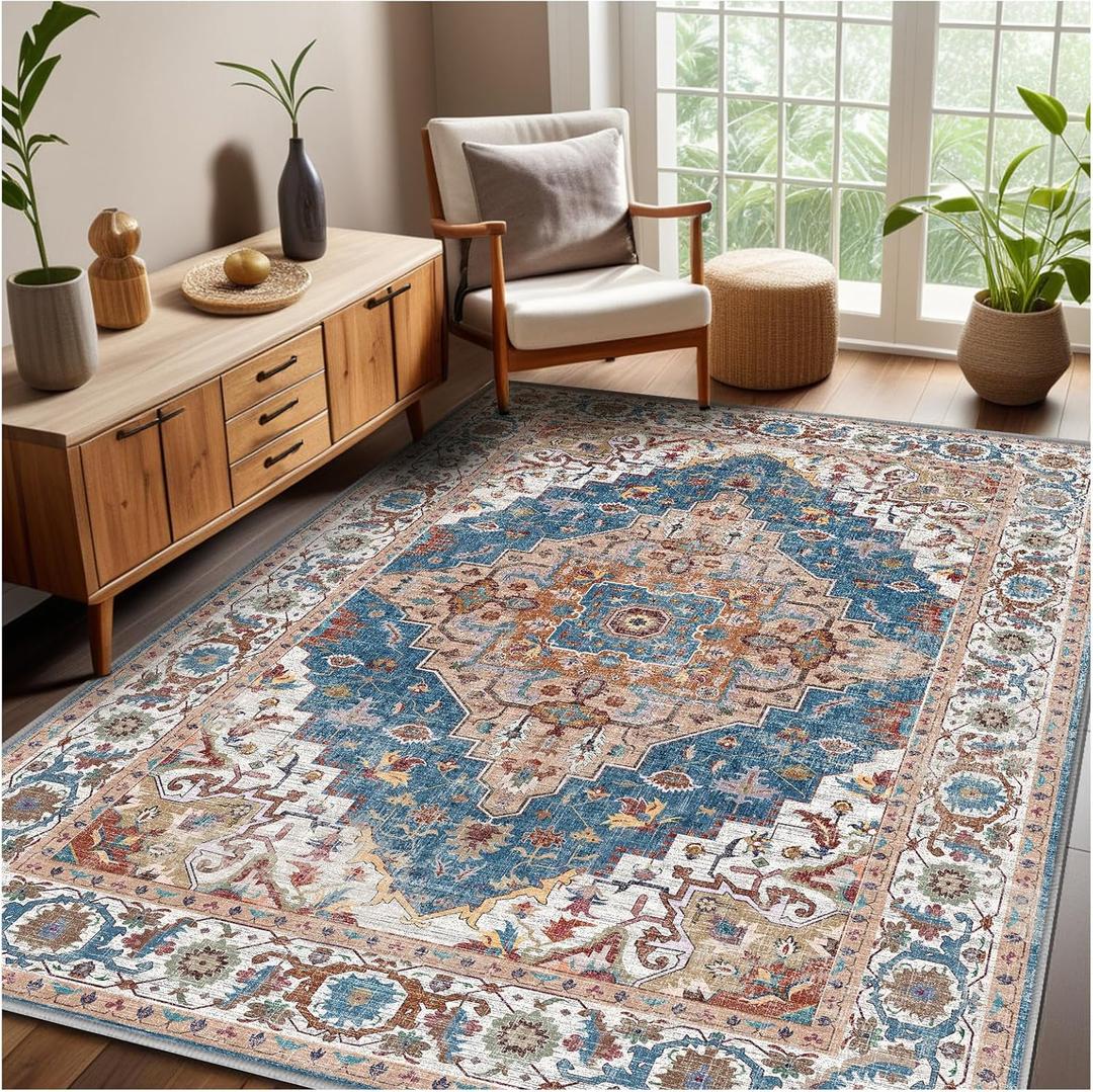 Washable Area Rug, Boho Rugs, 4x6 Rugs for Living Room Retro Flowers Machine Non-Slip Bedroom Rug Vintage Rug Distressed Carpet for Dining Room Office Carpet(Blue-Khaki)