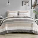 Madison Park Essentials Queen Comforter Set, Bed in A Bag Comforter & Sheet Set, Modern Casual Stripes Print, All Seasons, Soft Microfiber Bedding Makeover, Matching Shams, Queen Taupe/Grey 7 Piece