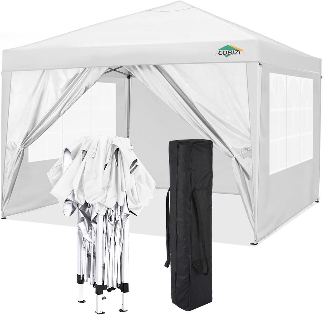 COBIZI 10x10 Pop Up Canopy Tent with 4 Sidewalls Party Tents for Parties Weddings Backyard Waterproof Commercial Instant Outdoor Events Tent with Stakes, Ropes（10 x 10 ft White)