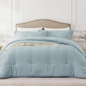 Quataly Full Size Comforter Set Mist Blue,3PCS Seersucker Lightweight Bedding Comforter for All Season, Full Size(82''86'' Comforter & 2 Pillowcases)