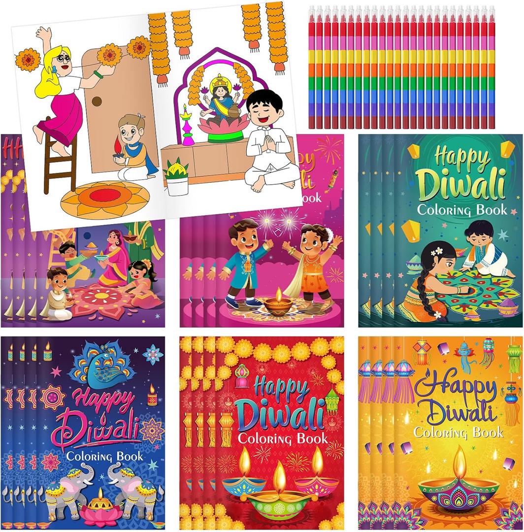 Cinrobiye 24 Set Happy Diwali Coloring Books Bulk Diwali Activity Books Mini DIY Painting Drawing Set with Stacking Crayons for Diwali Birthday Party Favor Gifts Goodie Bag Fillers School Game Prizes