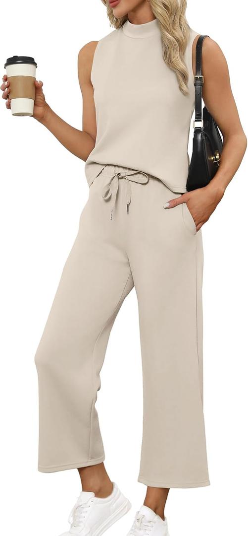 SAMPEEL Two Piece Sets for Women Summer Outfits Lounge Sets Mock Neck Tops Wide Leg Crop Pants Vacation Travel Outfits (Small, Beige)