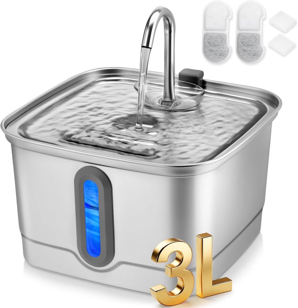 Stainless Steel Cat Water Fountain, 101oz/3L Automatic Pet Water Fountain, Dog Water Fountain with Replacement Filters for Cats, Small Dogs (2 Filters and 2 Sponges)