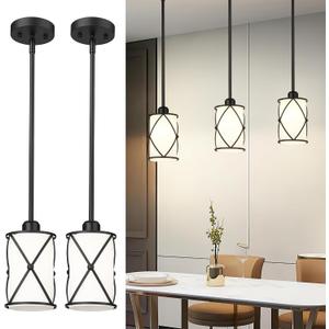 Glass Pendant Lights Kitchen Island, 2 Pack Modern Black Pendant Light Fixtures with Frosted Glass and Rod, Mid Century Cage Pendant Light for Kitchen Sink Dining Room, CH9176BKW-2PK