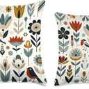 Flowers Birds Nature, For Her Women Scandinavian Art Floral Throw Pillow