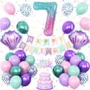 7th Mermaid Birthday Decoration,Metallic Purple Pink Green Blue Latex Balloons for Girls Party Decoration Number 7 Seashell Foil Balloons Banner Cake Topper Mermaid Sea Decorations