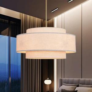 19.7" Golden Drum Chandelier 3-Layer Boho Dining Room Light Fixture 4-Light Large Farmhouse Modern Chandelier for Dining Room with Linen Fabric Shade Ceiling Hanging, 19.7in,4L