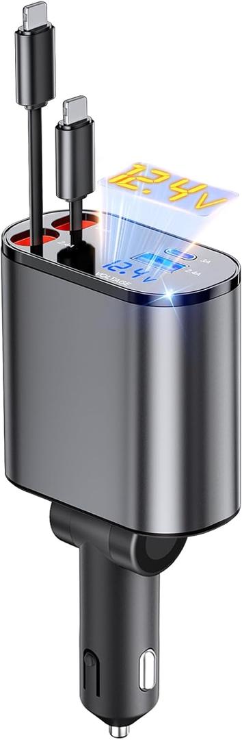 Retractable Car Charger, 4 in 1 Fast Car Phone Charger 66W, 2 Retractable Cables and USB Charging, Fathers Day for Gifts Dad Compatible with iPhone 14/13/12/11,USB Port for Galaxy S25/S24/S23,Pixel