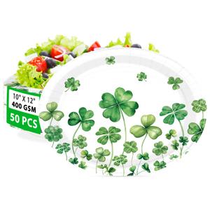 50Pcs Green Shamrock Oval Paper Plates 10"x12" Large Disposable Heavy Duty Green Lucky Clover Platters Lucky Shamrock Clover Dessert Plates for Spring Garden Irish Holiday Birthday Party Supplies