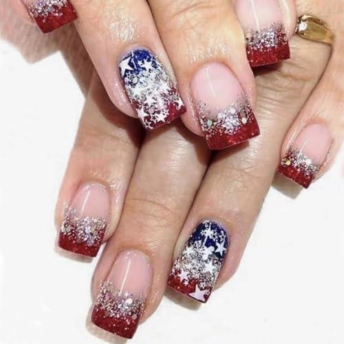 SET OF 2: 24 Pcs French Nails Square Press on Nails Independence Day Fake Nails 4th of July False Nails with Glitter Star Designs Blue Red Full Cover Glossy Glue on Nails Reusable Acrylic Nails for Women