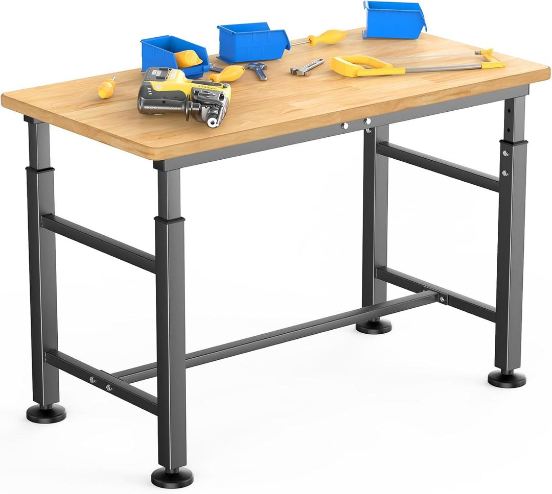 WALMANN Heavy Duty Adjustable Height Workbench 47.75" x 23.25", Rubber Wood Top Work Table for Garage, Workshop, 2000 lbs Load Capacity