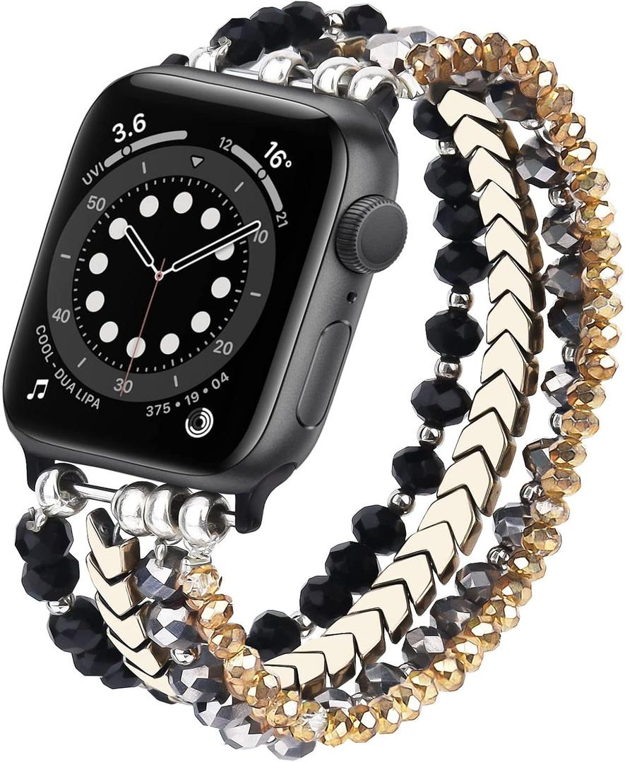 MOFREE Beaded Bracelet Compatible with Apple Watch Band 38mm/40mm/41mm/42mm, Fashion Elastic Stretch Women Bands for iWatch Series 11/10/9/8/7/SE/6/5/4/3/2/1 iPhone Watch Strap Bands (Black/Gray/Gold)