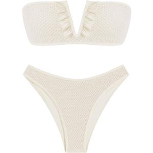 ZAFUL Women's Strapless Ribbed V Wired Lace Up Ruffle Tie High Cut Bandeau Swimsuits Bikini Set (Large, 1-beige)