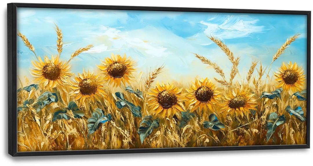 Olivine Sunflower Large Wall Art, Farmhouse Pictures Wall Decor, Wheat Canvas Prints Painting, Framed Artwork for Living Room Bedroom Kitchen Bathroom Office Home Decoration 60"x30"