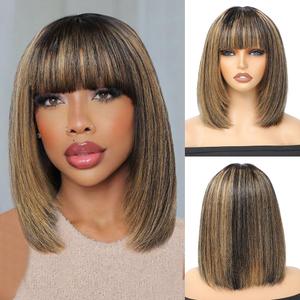 CLIONE Short Bob Wig with Bangs Human Hair 12 Inch Honey Blonde Highlight Wig 2.5x1 HD Lace Layered Cut Bob Wig 180% Density Ready to Go Glueless Wig Human Hair Short Bob Wigs for Black Women