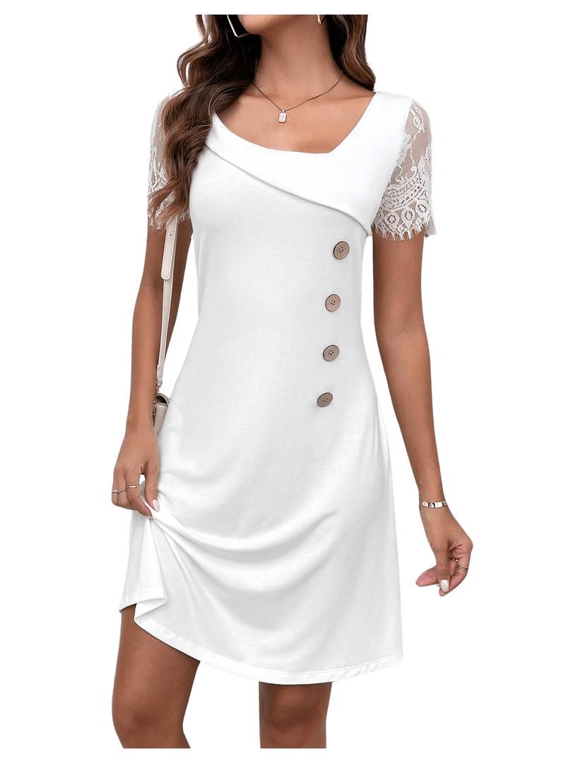 MakeMeChic Women's Casual Solid Sheer Lace Short Sleeve Dress Asymmetrical Neck Buttoned A Line Dresses White Small 