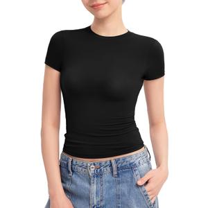 PUMIEY Women's Crew Neck Short Sleeve Tops Double Lined Slim Fit T Shirts Basic Tee Smoke Cloud Pro Collection (X-Small, Jet Black)