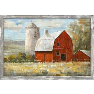 Barn Framed Wall Art Decor: Old Rustic Red Barn Painting Western Farmhouse Wooden Picture Country Silo Landscape Artwork for Bedroom Kitchen Home 36'' x 24''