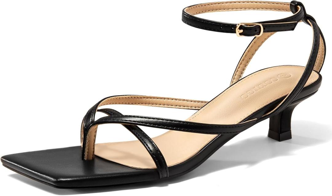 Coutgo Womens Strappy Low Kitten Heels Sandals Open Square Toe Flip Flop Summer Dress Party Shoes (8, Black)