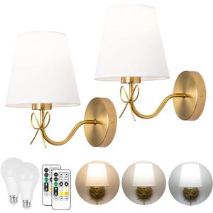 TREELAND Antique Brass Bow Wall Sconces with 110V Dimmable Remote Bulb, 3 Color Tempture, Timmer Function, Hardwire or Plug-in Cord Set of Two Vintage Gold Wall Lamp Light for Bedroom Living Room
