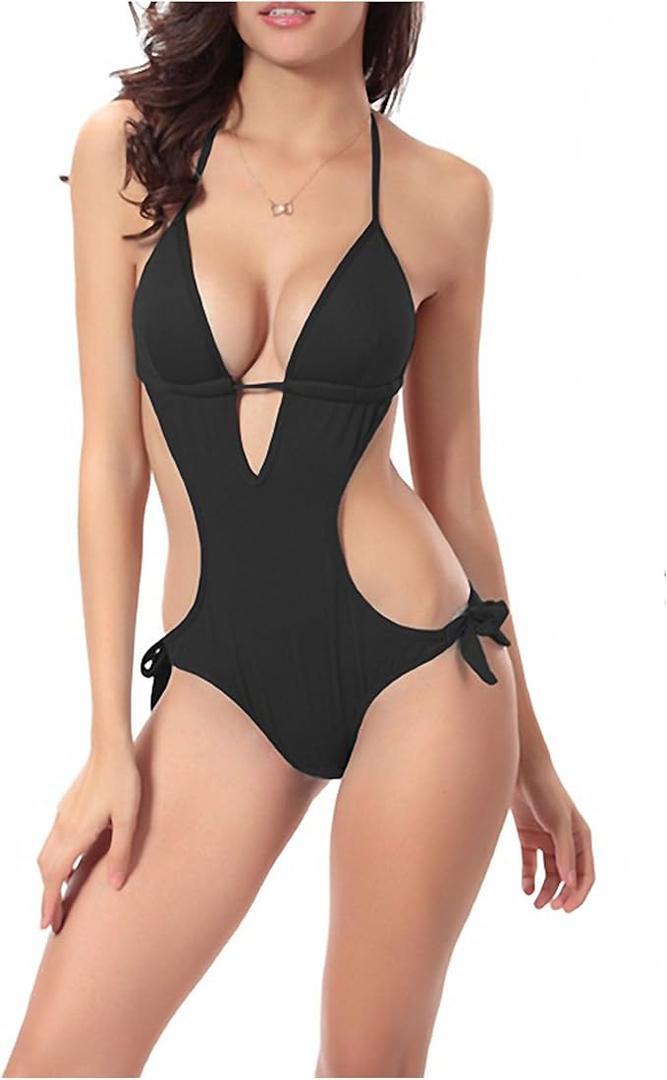 Women's One-Piece Swimsuit Lace-up Sexy with Chest Padded Breast Gathering Swimsuit, Black, Size M
