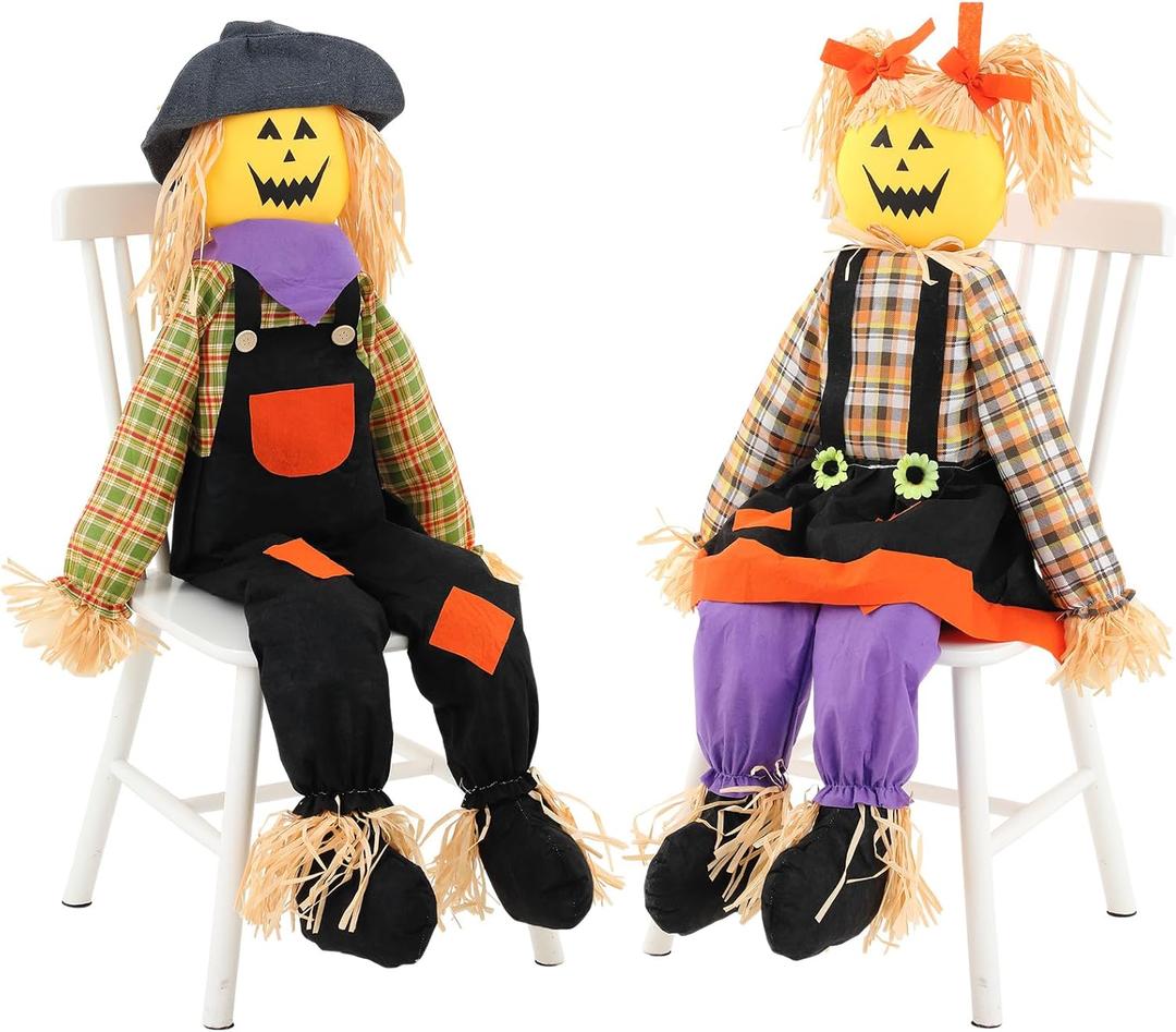 2 Pcs Halloween Scarecrow 60 Inches Pumpkin Scary Scarecrow with Plastic Sitting Ghost Garden Decorations,Figurine Gifts for Halloween Fall Autumn Thanksgiving Outdoor Decor Farmhouse Porch