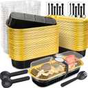 Mini Loaf Pans with Lids and Spoons Rectangular Aluminum Foil Baking Pans Mini Cheesecake Containers 6.8 Oz(120 Pack, Black Gold)