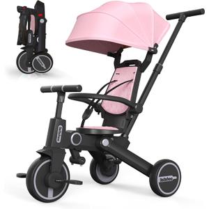 Tricycle Stroller for Toddler,Foldable Baby Tricycle,Kids Balance Bike with Push Handle,Toddlers Stroller Bike with 1 to 5 Years,7-in-1 Push Tricycle Bike for Kids (Pink)
