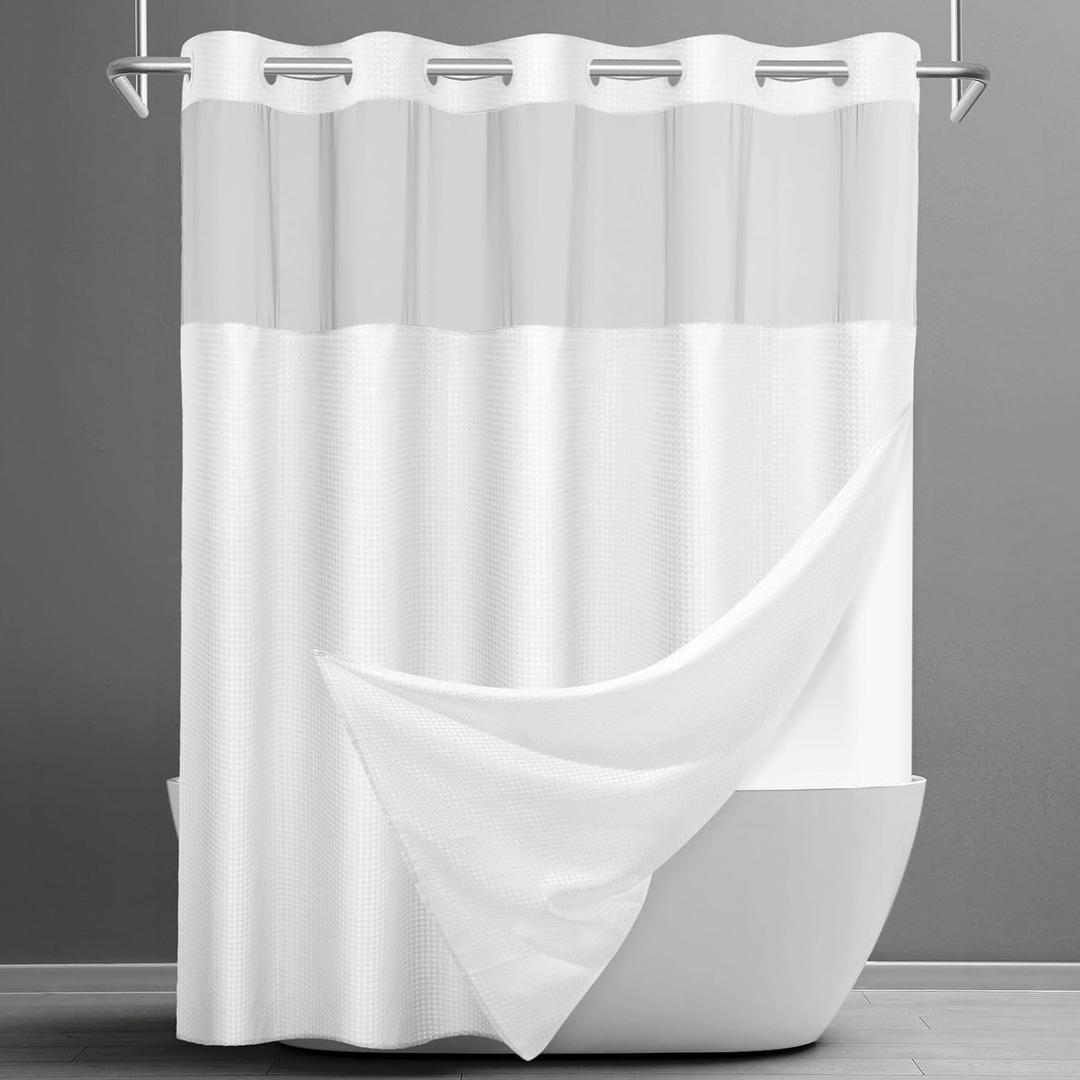 SORTTO No Hook Shower Curtain with Snap in Liner Set Waffle Shower Curtain for Bathroom Hotel Style Fabric Waterproof Inner Liner71" W x 77" H, White