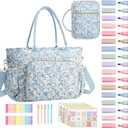 Large Bible Bag Quilted Bible Cover Case Kit for Women Church Bag with Shoulder Strap Study Supplies Christian Gifts(Blue Flower)