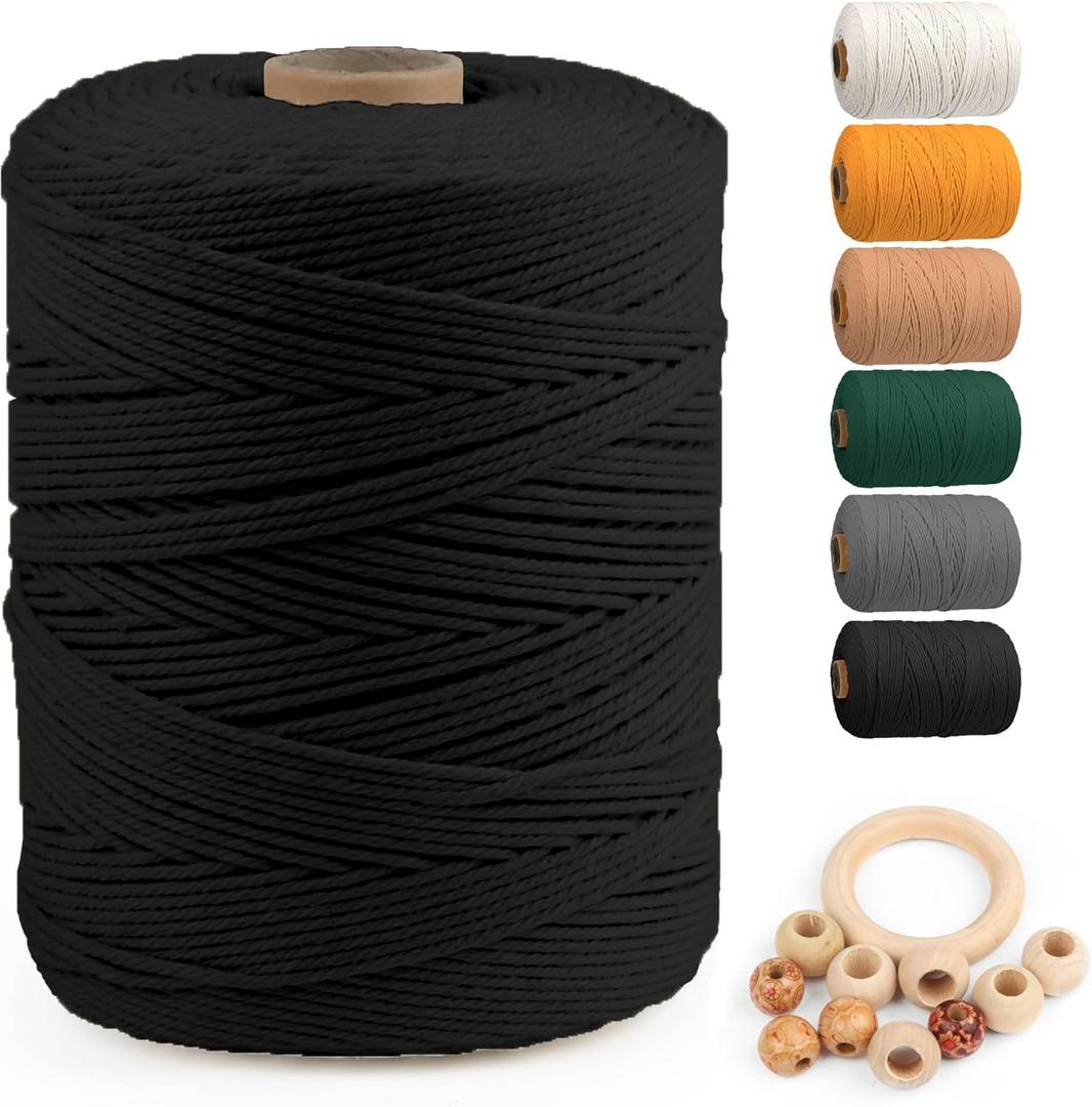 Macrame Cotton Cord 3mm x 547yds, ZUEXT Natural Handmade Black Braided Cords 4 Strands Knitted Rope String for Craft Wall Hanging Weaving Tapestry Dream Catchers Hanger DIY Gift (500m)