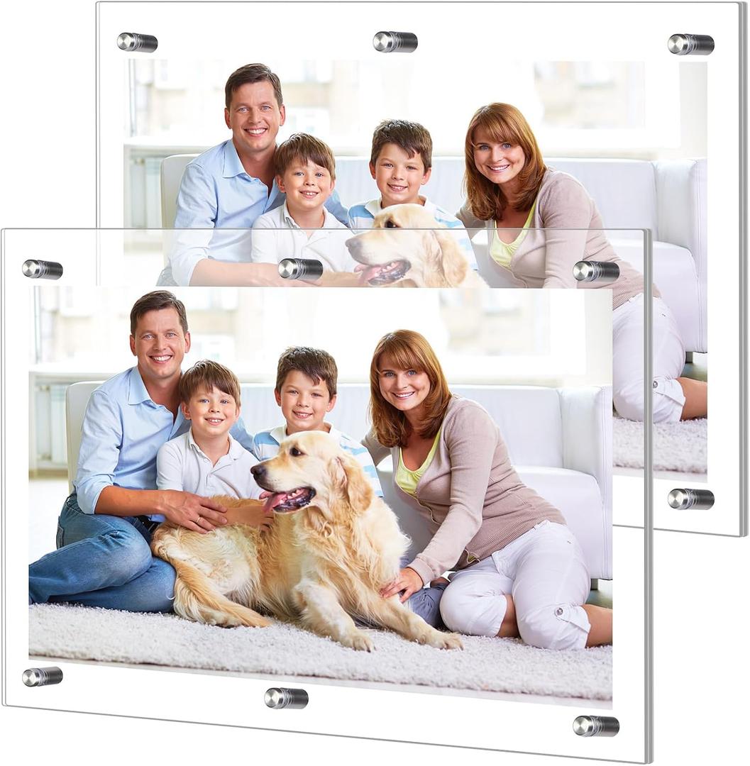 DoubleFill 2 Pack Extra Large Frameless Floating Acrylic Frame Wall Mount Magnetic Acrylic Picture Frames with Chrome Standoffs Double Panel Floating Frame for Photo Poster Display (18 x 24 Inch)