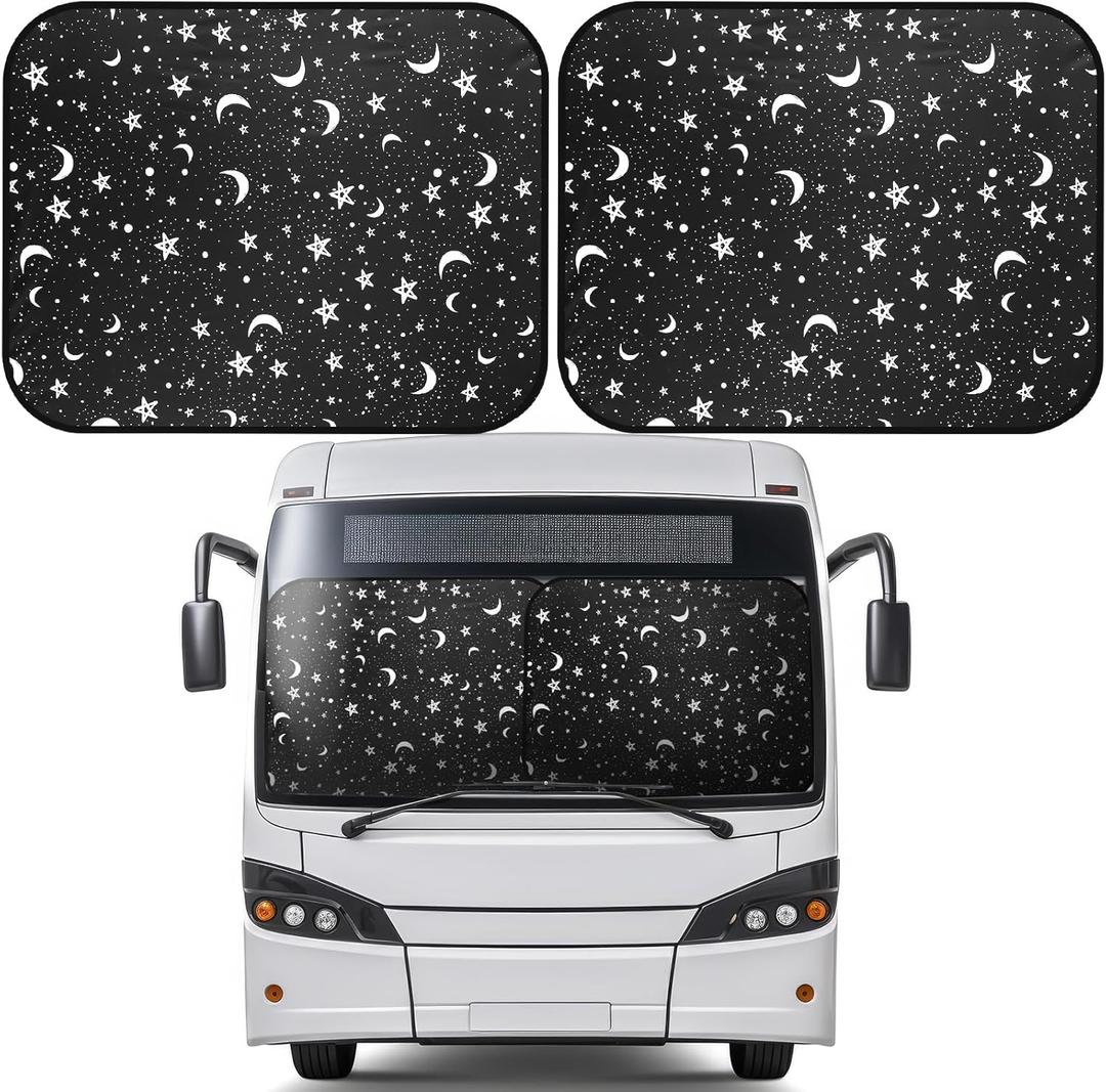 Moukeren 2 Pcs RV Windshield Sun Shade Foldable RV Window Covers for Car Accessories Reflective Windshield Cover UV Sun Heat Protector for RVs, Trucks, Motorhomes, Large Bus (Star Moon,41.5 x 50 Inch)