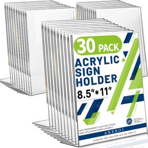 Aheroi Acrylic Sign Holder 8.5 x 11, 30Pcs Plastic Sign Holder 8.5 x 11 Standing, Clear Paper Holders Acrylic Paper Document Holders, Plastic Stands Flyer Display,Office School Table Supplies