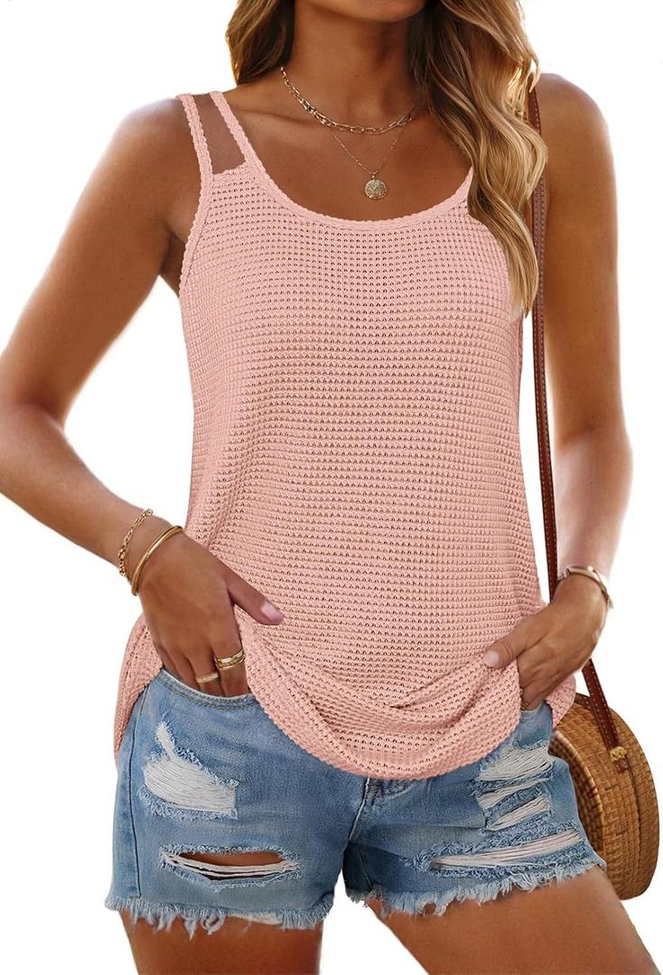 MEROKEETY Women's Summer Tank Top Casual Beach Vacation Sleeveless Spaghetti Strap Waffle Camisole Shirt (Pink, XL)