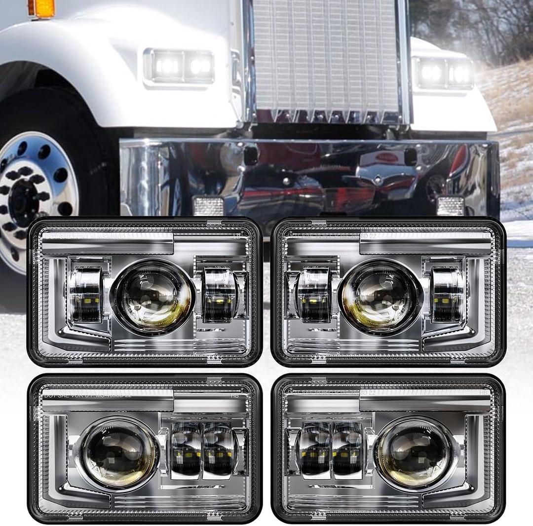 BICYACO 4 PCS DOT 4x6 Inch LED Headlights Rectangular Replacement H4651 H4652 H4656 H4666 H6545 Compatible with Peterbilt Kenworth Freightinger Ford Probe Oldsmobile Cutlass