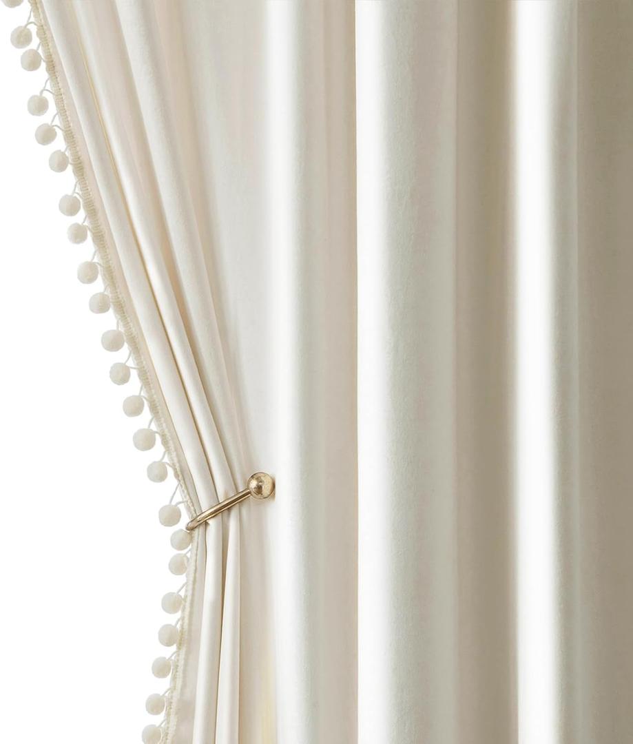 MIULEE Ivory Pom Pom Velvet Curtains for Bedroom/Living Room Darkening Thermal Insulating 63 Inches Long Creamy White Blackout Curtains with Rod Pocket for Girls Room/Nursery/Home Theater Set of 2