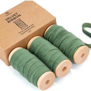Vitalizart Green Velvet Ribbon Set 3/8" x 15 Yd Wooden Spool Fabric Trim 3 Rolls * 5 Yd for Christmas Wreath Decoration Handmade Craft Ornaments Gift Wrapping & Bow Making