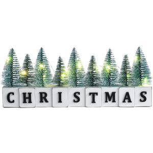 LED Lighted Christmas Tree Tabletop Decoration, Rustic Wooden Christmas Decor with Mini Trees, Xmas Sign Block Table Farmhouse Winter Holiday Centerpiece for Indoor Mantel, Shelf (Green)