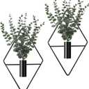 Jexine 4 Pcs Hanging Planters with Artificial Eucalyptus Metal Hanging Vase Indoor Plants Holder Modern Geometric Boho Bathroom Wall Decor for Living Room Home Office (Black)