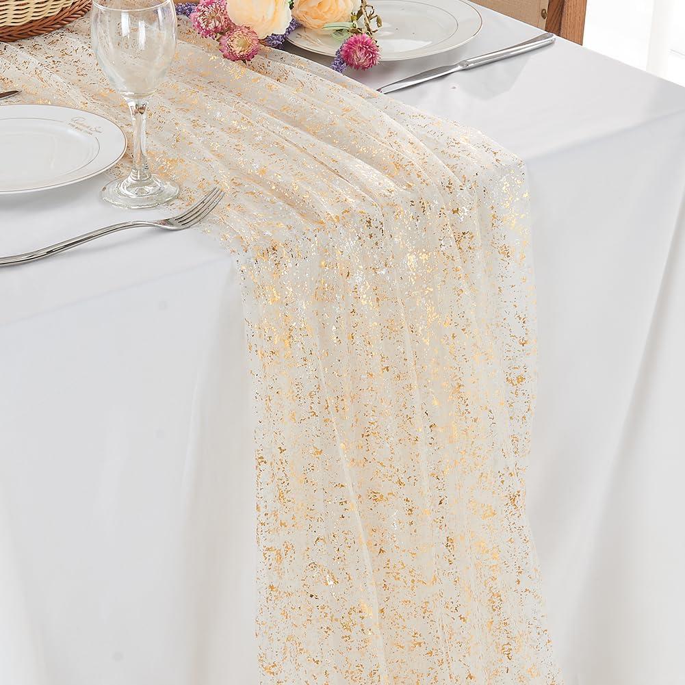 10FT 4PCS Gold Table Runners, Sheer Cheese Cloth Table Runner 120 Inch Tulle Sequin Glitter Metallic Foil Boho Table Cover Chiffon Cheesecloth