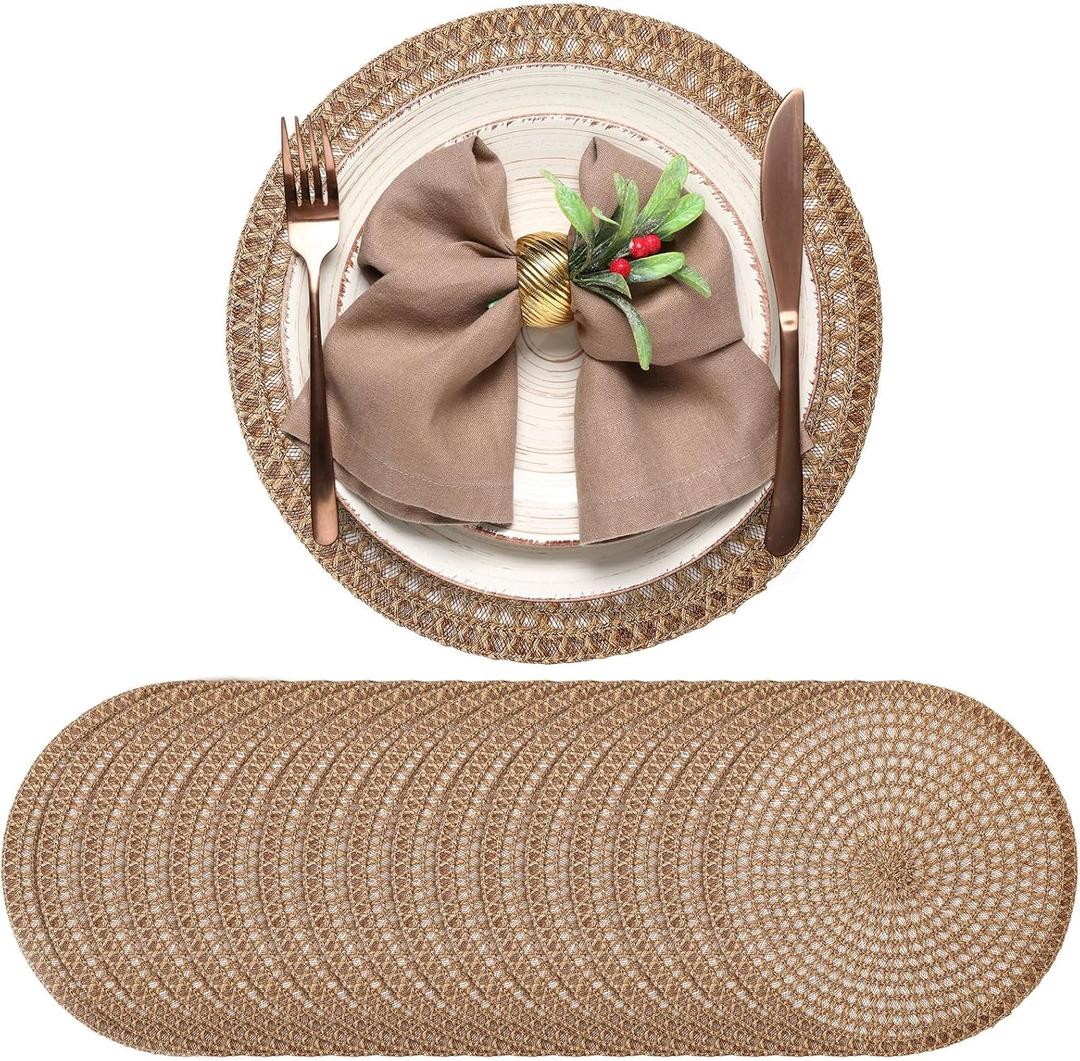 24 Pcs 13 Inch Round Burlap Placemat Boho Jute Woven Charger Bulk Rustic Vintage Natural Brown Heat Resistant Dining Table Mat for Wedding Farmhouse Craft Home Kitchen Summer Party Decoration