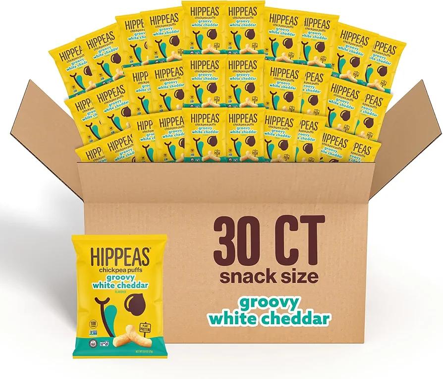 Hippeas Chickpea Puffs, Groovy White Cheddar, 0.8 Ounce (Pack of 30), 3g Protein, 2g Fiber, Vegan, Gluten-Free, Crunchy, Plant Protein Snacks