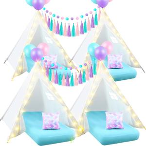 Windyun 4 Pack Mermaid Teepee Tent for Kids with Inflatable Airbed, String Light Fitted Sheet Mermaid Pillow Washable Toddler Indoor Play Tent for Girls Boys Sleepover Slumber Party